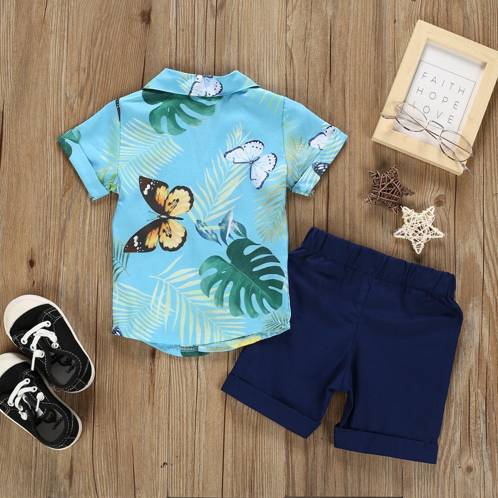 Boys Summer Boys' Butterfly Leaf Print Short Sleeve Shirt & Solid Shorts Boy Clothing Wholesale