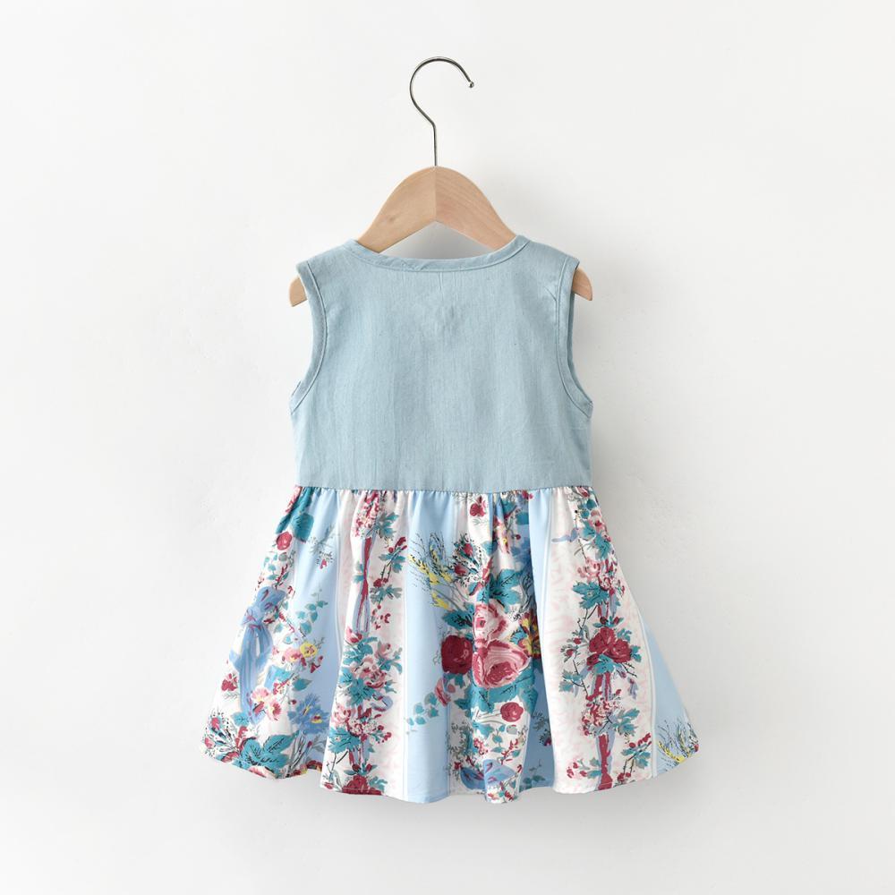 Girls Summer Girls' Sleeveless Denim Bow Floral Print Dress Wholesale Girls Tutus