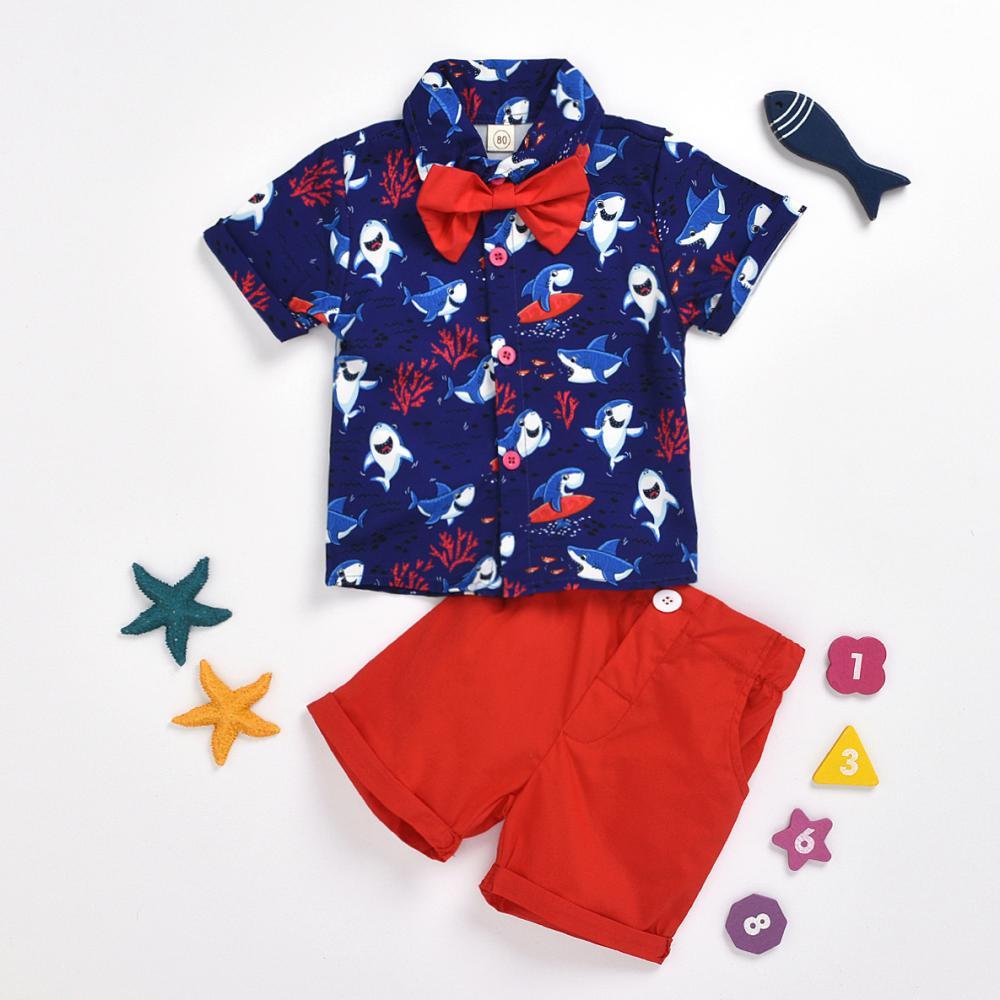 Boys Summer Boys' Polo Short Sleeve Shark Print Shirt & Shorts Wholesale Boys Clothing Suppliers