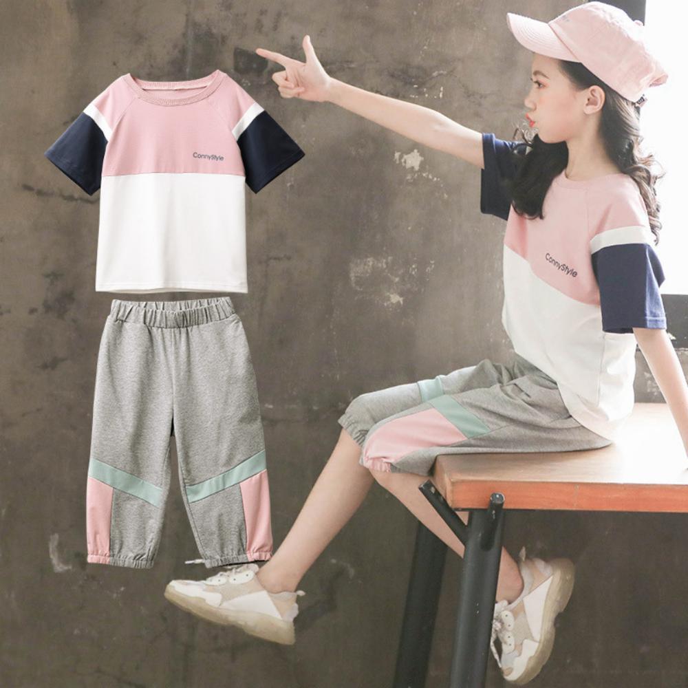 Girls Summer Girls' Color Matching Round Neck Short Sleeve T-Shirt & Pants Girls Wholesale Dresses