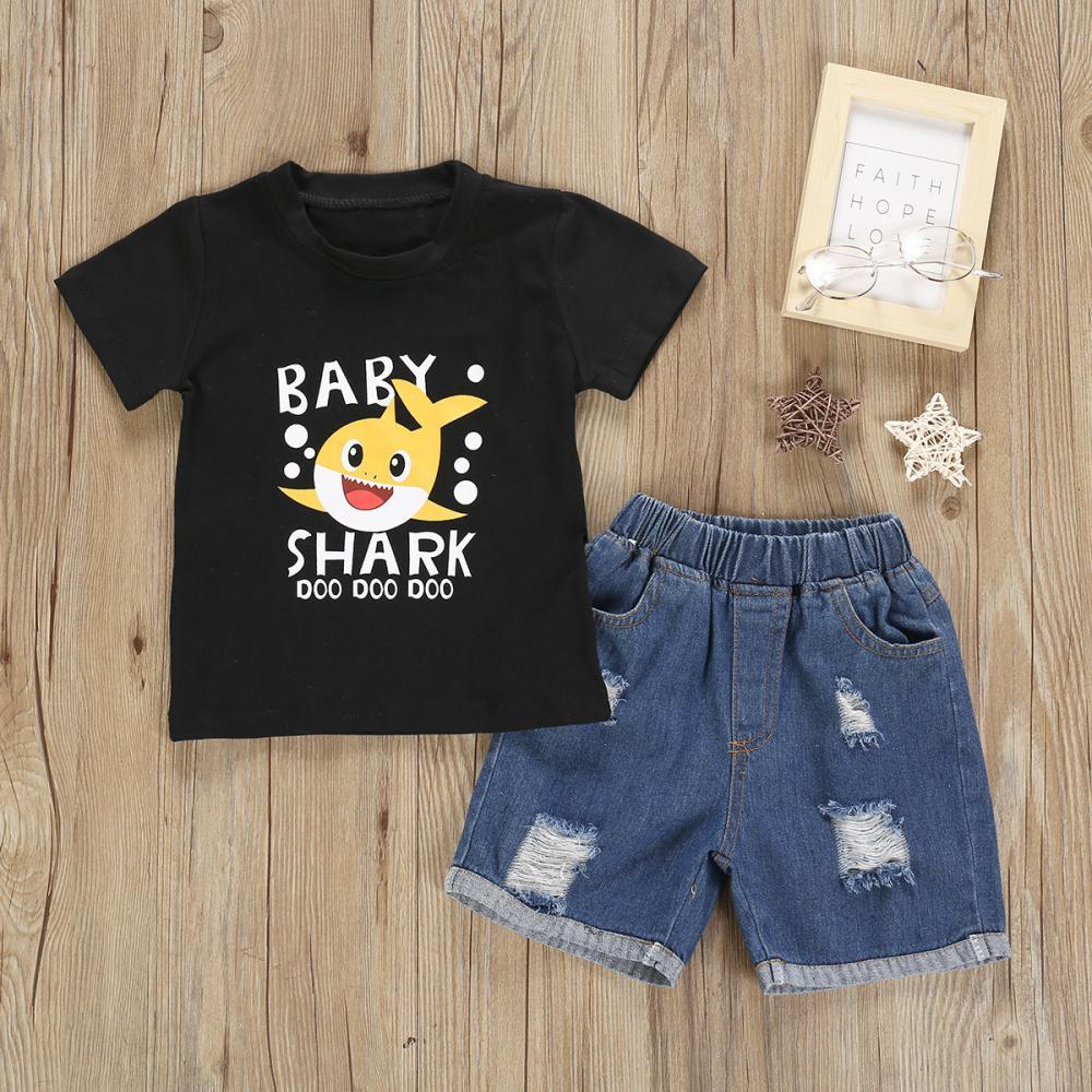 Girls Summer Girls Cartoon Shark Print Short Sleeve T-Shirt & Denim Shorts Wholesale Little Girls Clothes