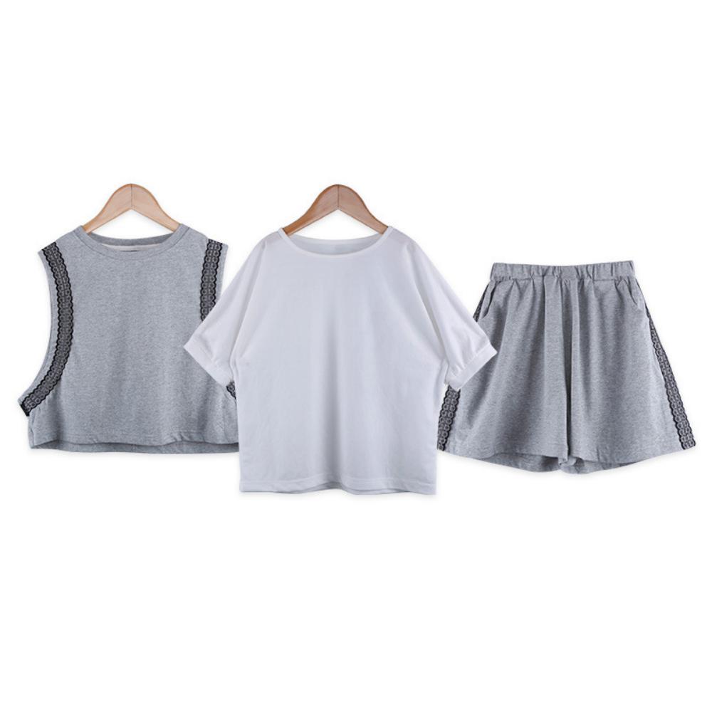 Girls' Lace Vest & Solid Round Neck Short Sleeve T-Shirt & Solid Shorts