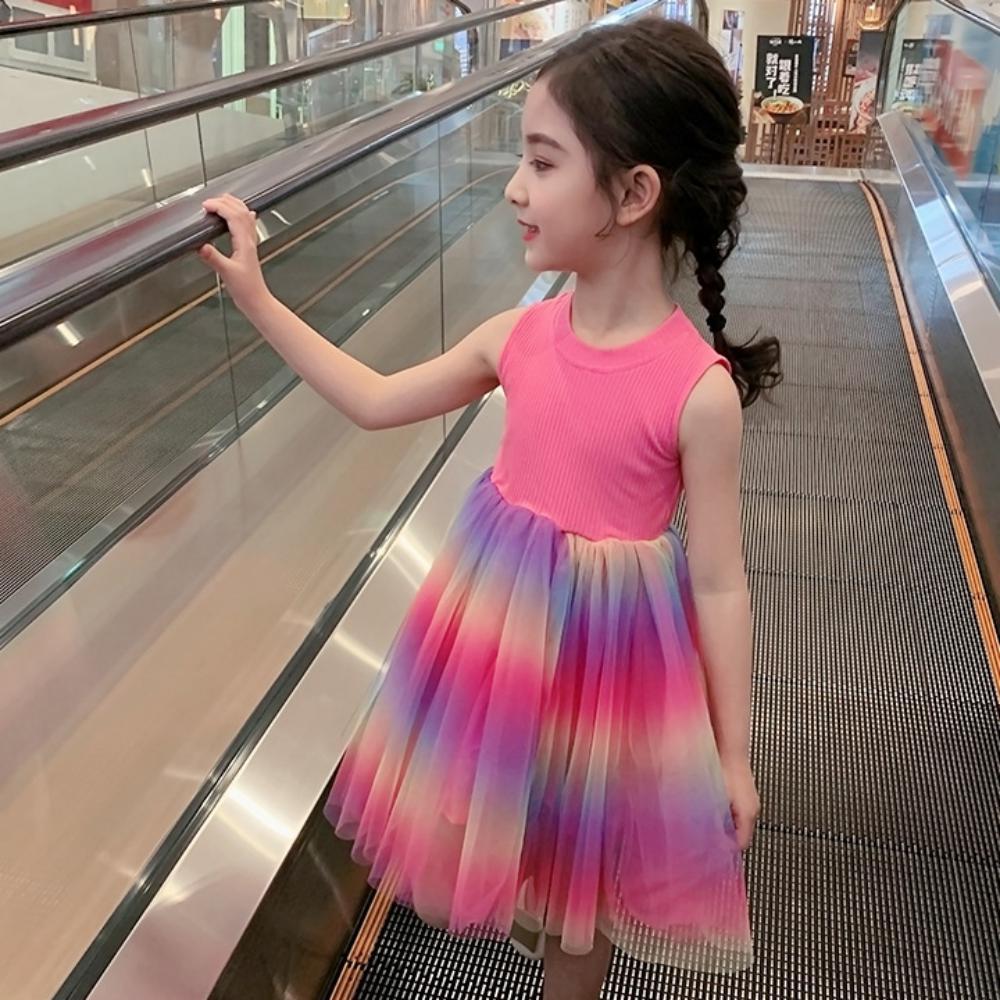 Girls Summer Girls' Round Neck Short Sleeve Rainbow Princess Skirt Wholesale Girl Boutique Clothing