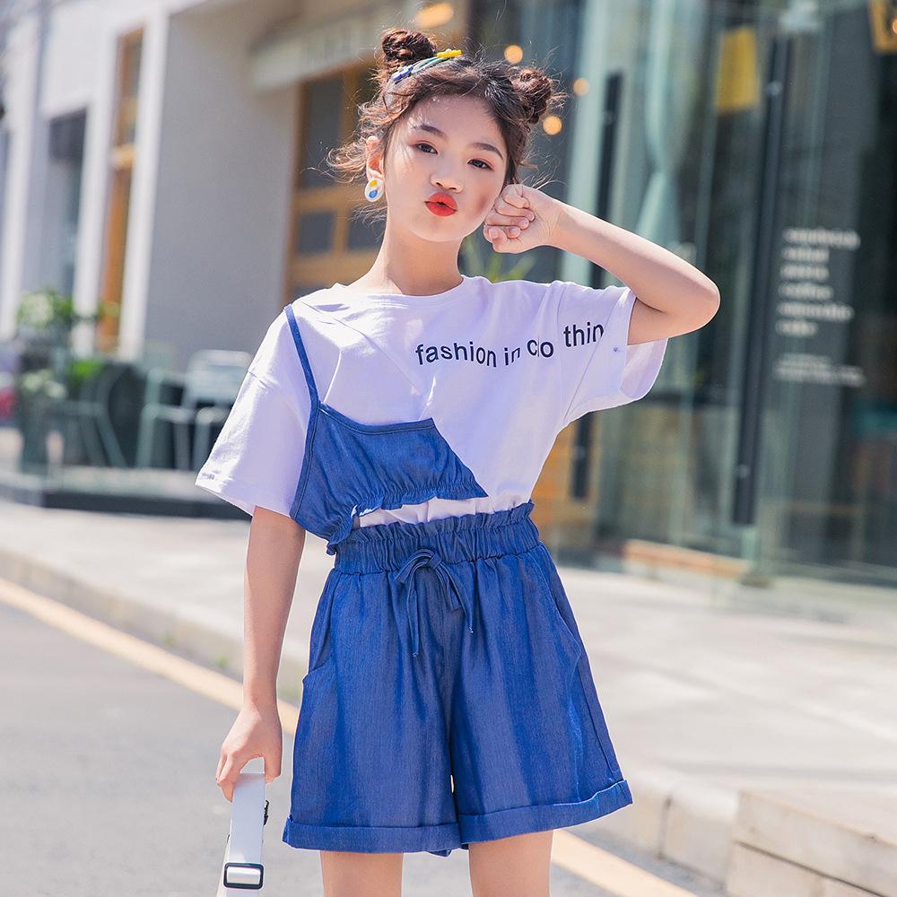 Girls Summer Girls' Lettered Print Stitching Top & Denim Shorts Wholesale Clothing For Girls