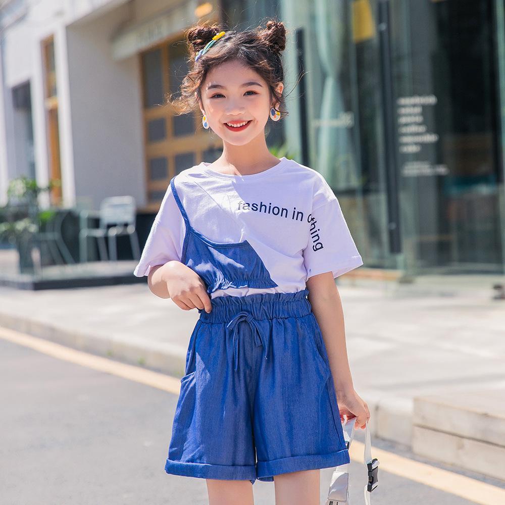 Girls Summer Girls' Lettered Print Stitching Top & Denim Shorts Wholesale Clothing For Girls
