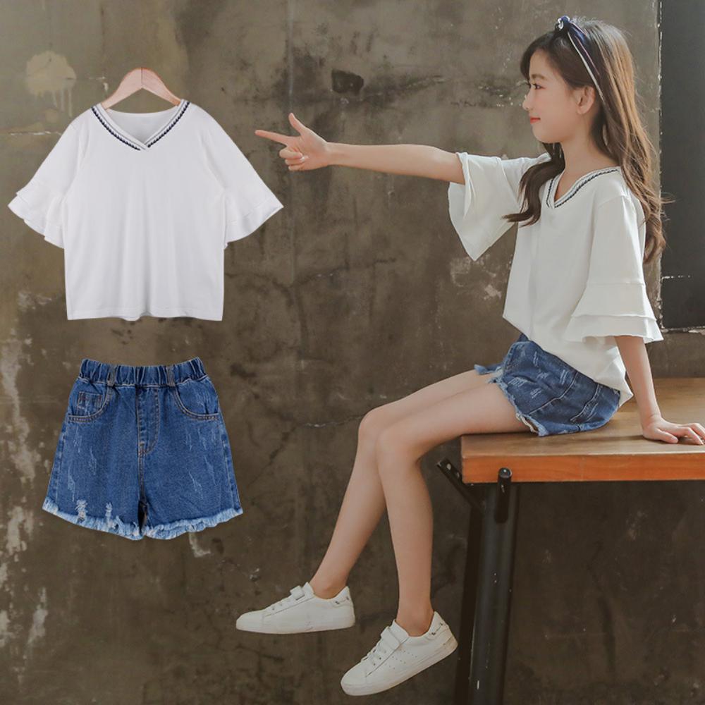 Girls' Solid Color Flared Sleeve Top & Denim Shorts Wholesale Little Girl Boutique Clothing