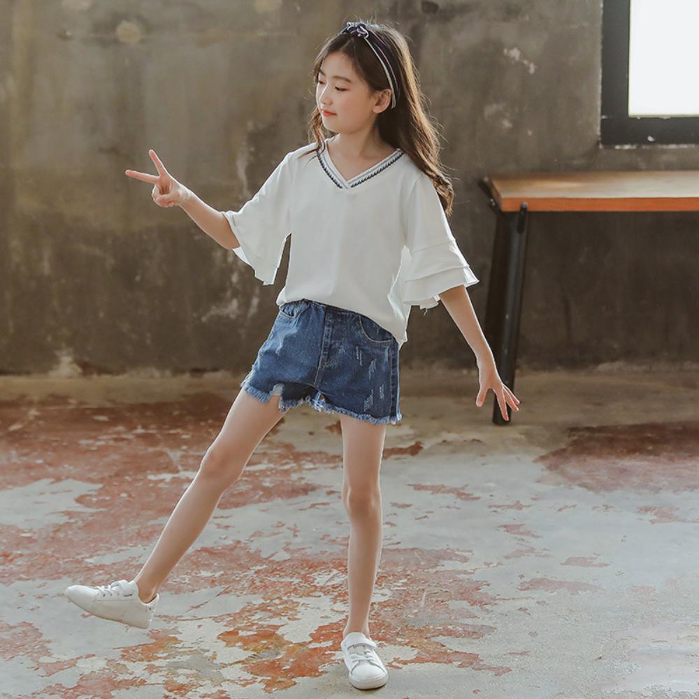 Girls' Solid Color Flared Sleeve Top & Denim Shorts Wholesale Little Girl Boutique Clothing