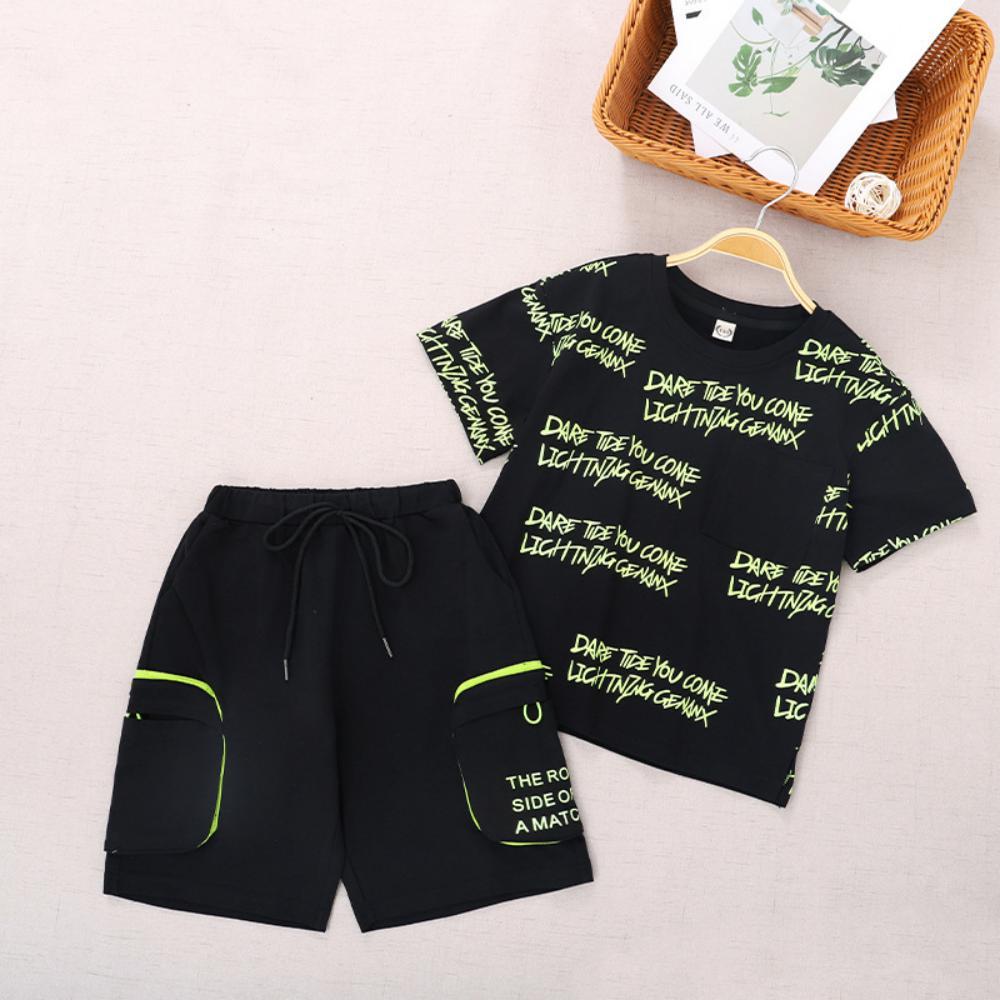 Boys Summer Boys' Solid Color Letter Print Round Neck Short Sleeve T-Shirt & Shorts Boy Clothing Wholesale