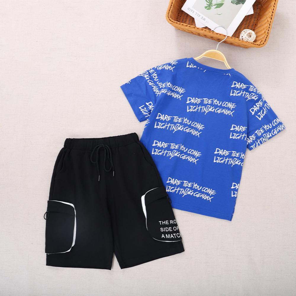 Boys Summer Boys' Solid Color Letter Print Round Neck Short Sleeve T-Shirt & Shorts Boy Clothing Wholesale
