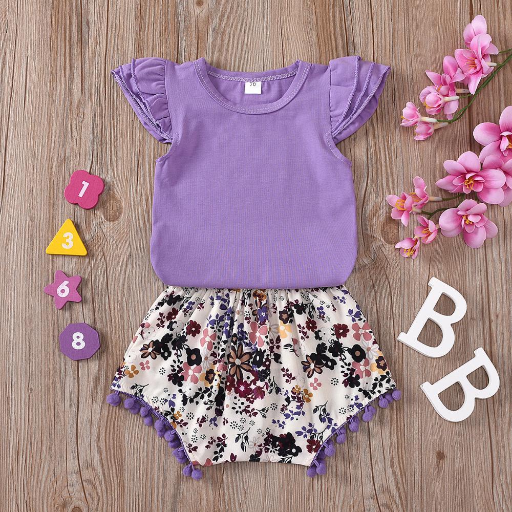 Girls Summer Baby Girl Solid Color Fly Sleeve Top & Printed Shorts Baby Clothing Wholesale Distributors