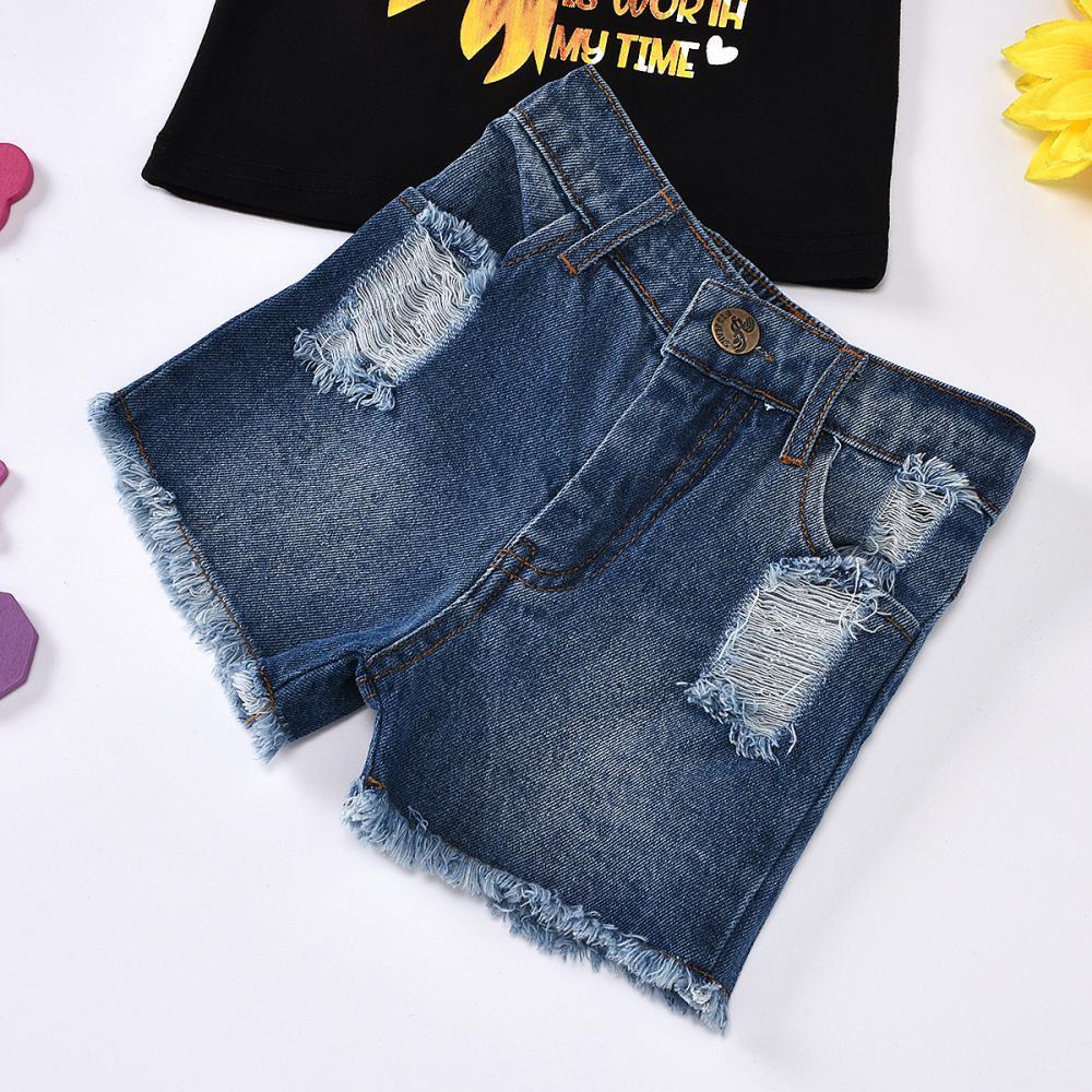Boys Summer Boys' Sunflower Letter Printed Round Neck Short Sleeve T-Shirt & Denim Shorts Wholesale Boys Suits