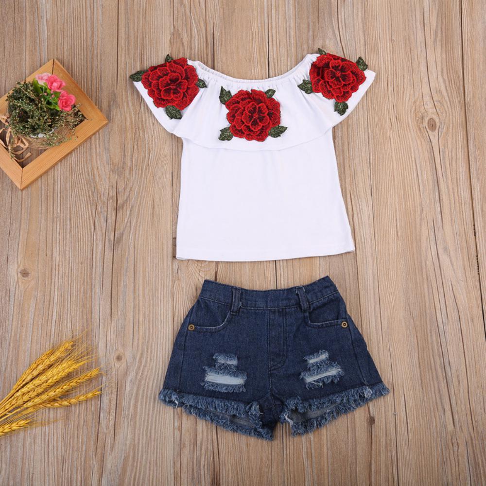 Girls Summer Girls' Rose Embroidered Top & Denim Shorts Wholesale Boys Clothing Suppliers
