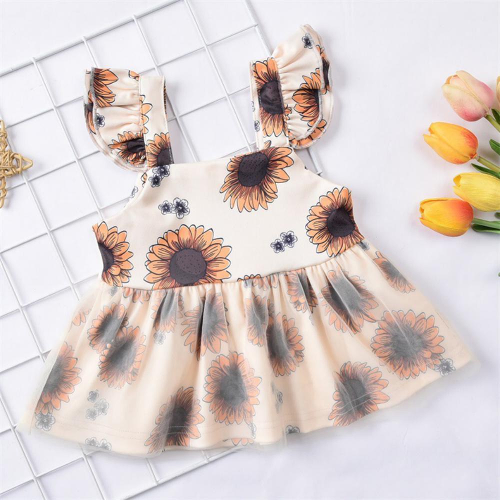 Girls Summer Baby Girl Sunflower Print Dress & Brown Shorts Girl Dresses Wholesale