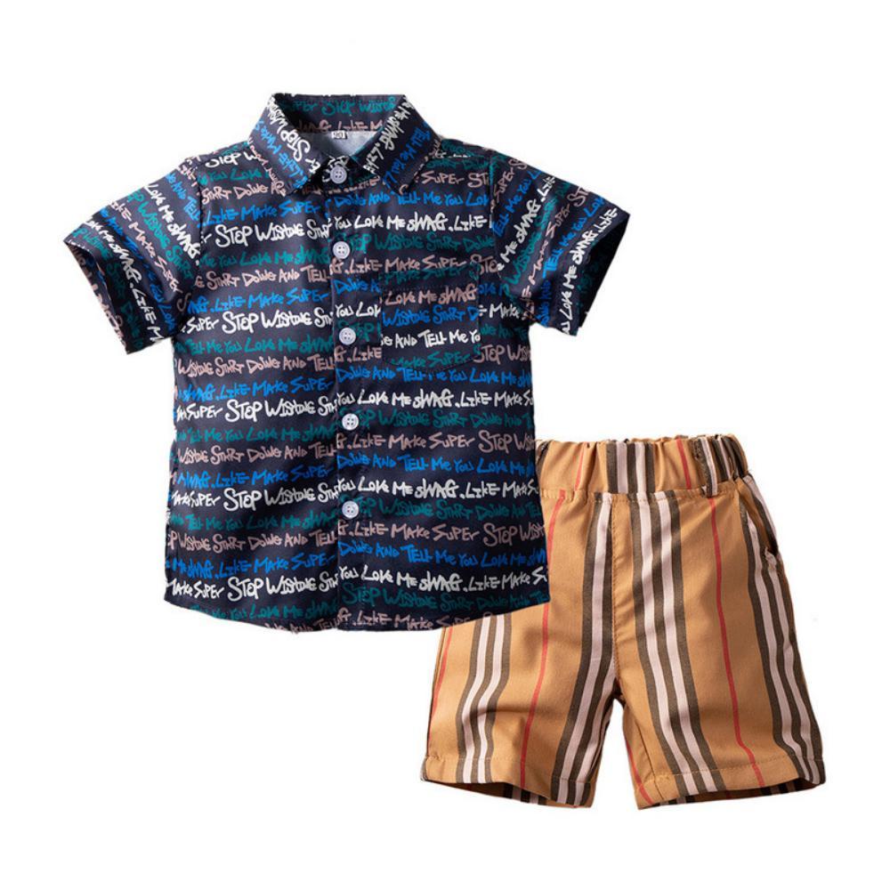 Boys Summer Boys' Letter Print Lapel Short Sleeve Shirt & Shorts Little Boys Wholesale Clothing
