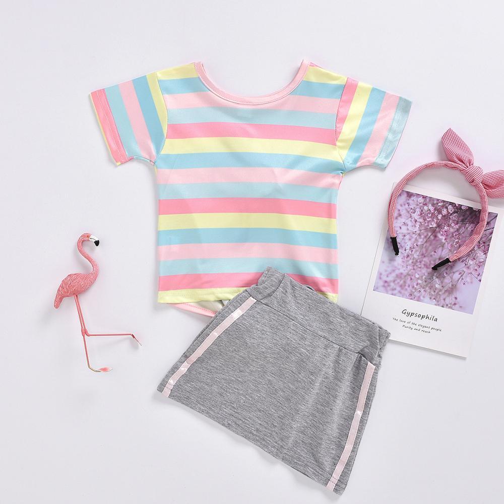 Girls Summer Girls' Colorful Striped Flamingo Print Short Sleeve Top & Grey Skirt Girls Boutique Clothing Wholesale