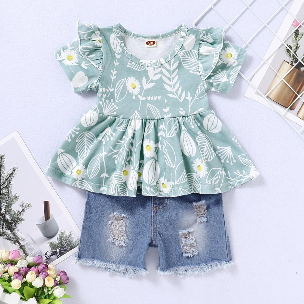 Girls Summer Girls' Printed Short Sleeve Top & Denim Shorts Girls Boutique Clothes Wholesale