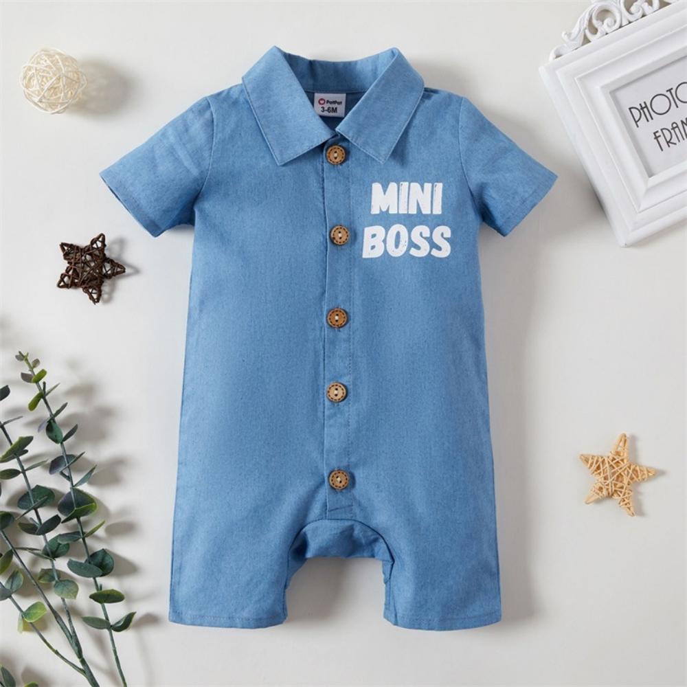 Boys Summer Baby Boy Letter Print Solid Lapel Short Sleeve Jumpsuit Wholesale Clothing Baby