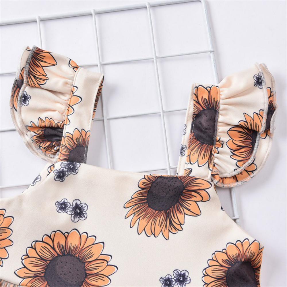 Girls Summer Baby Girl Sunflower Print Dress & Brown Shorts Girl Dresses Wholesale