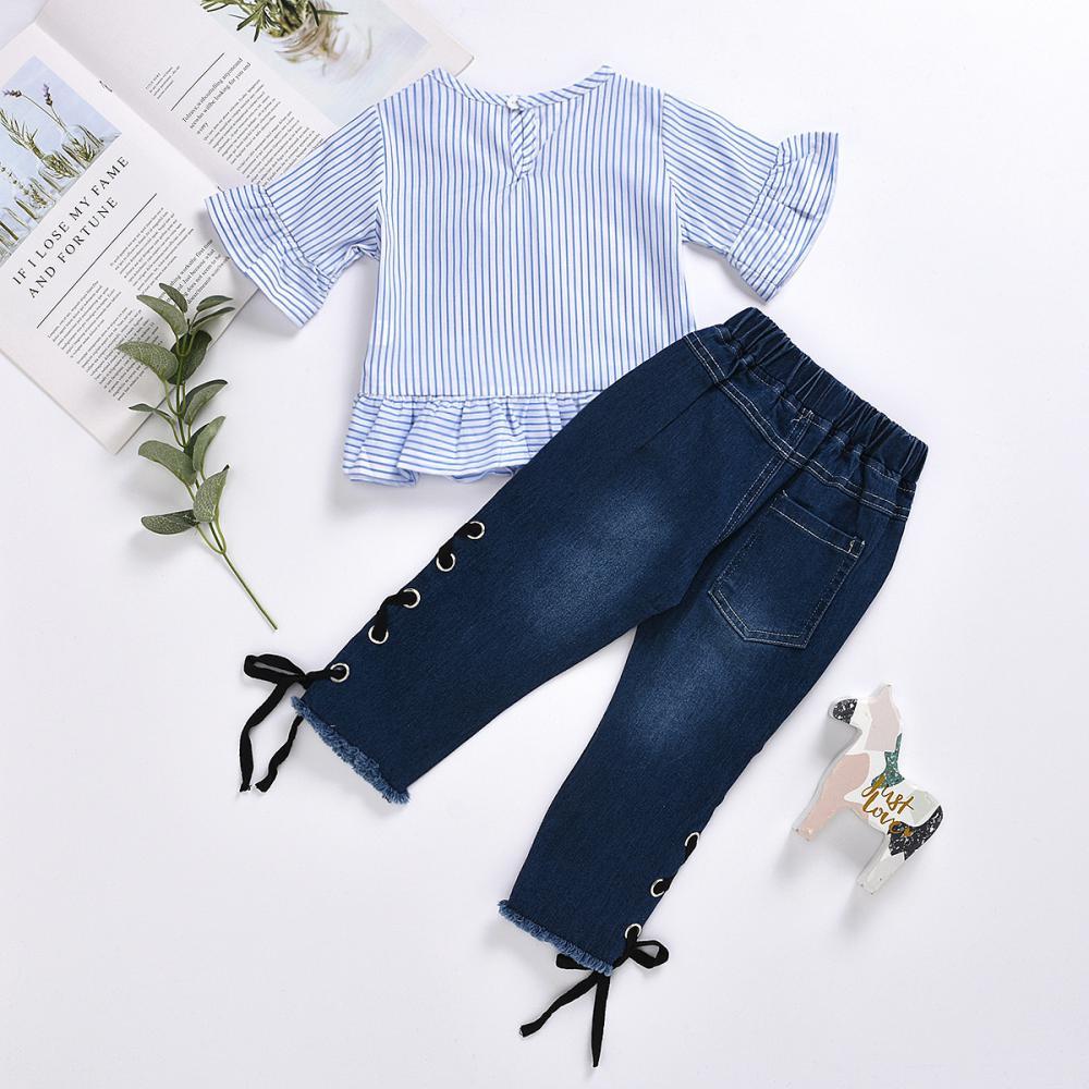 Girls Summer Girls' Striped Flared Sleeve Top & Denim Pants Wholesale Boutique Girl Clothing