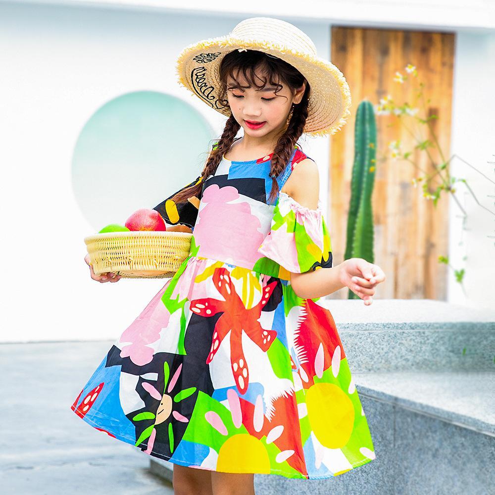 Girls Summer Girls' Floral Drop Shoulder Sleeve Princess Skirt Girls Dress Wholesale