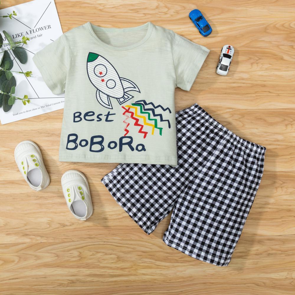 Boys Summer Boys' Letter Rocket Print Round Neck Short Sleeve T-Shirt & Plaid Shorts Boy Boutique Clothing Wholesale