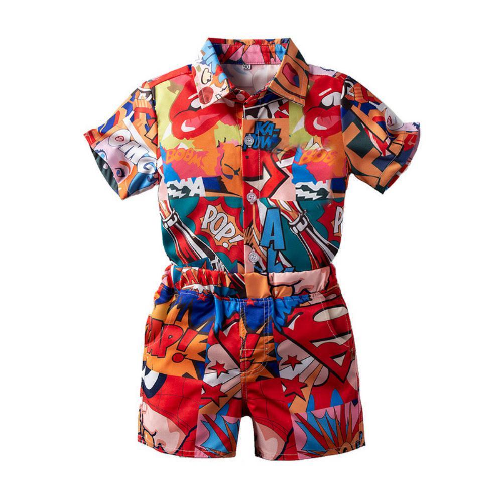 Boys Summer Boys' Cartoon Print Lapel Short Sleeve Shirt & Shorts Boy Wholesale Clothing