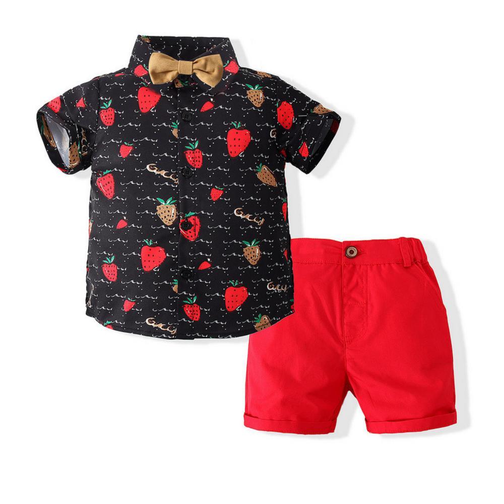 Boys Summer Boys' Strawberry Print Lapel Short Sleeve Shirt & Shorts Boy Clothes Wholesale