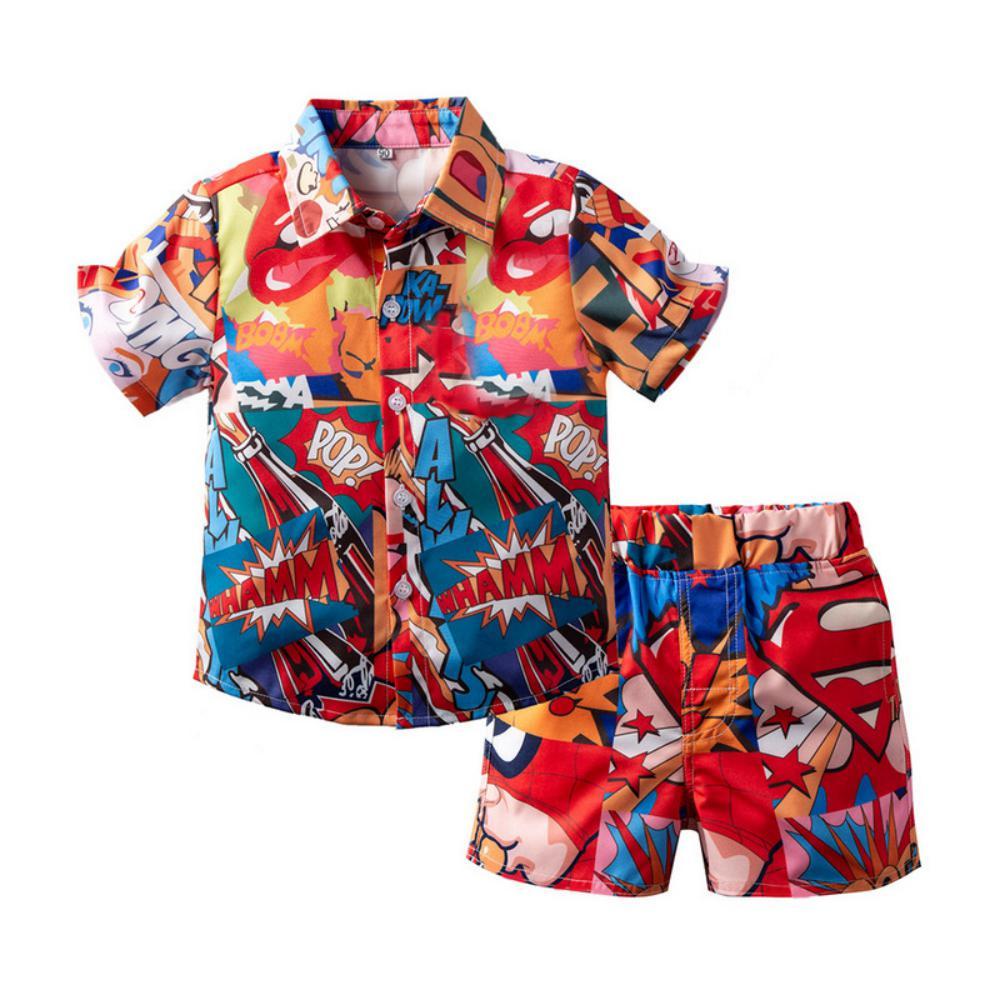 Boys Summer Boys' Cartoon Print Lapel Short Sleeve Shirt & Shorts Boy Wholesale Clothing