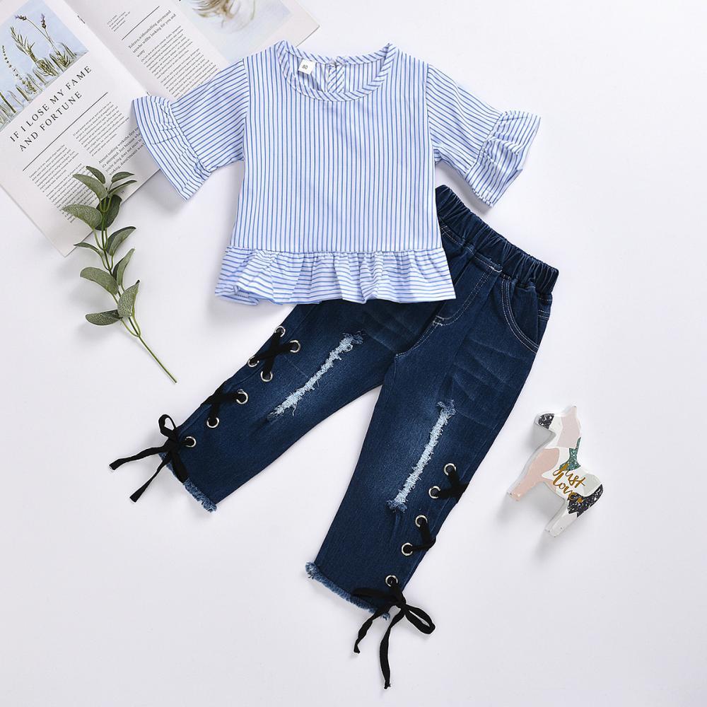 Girls Summer Girls' Striped Flared Sleeve Top & Denim Pants Wholesale Boutique Girl Clothing
