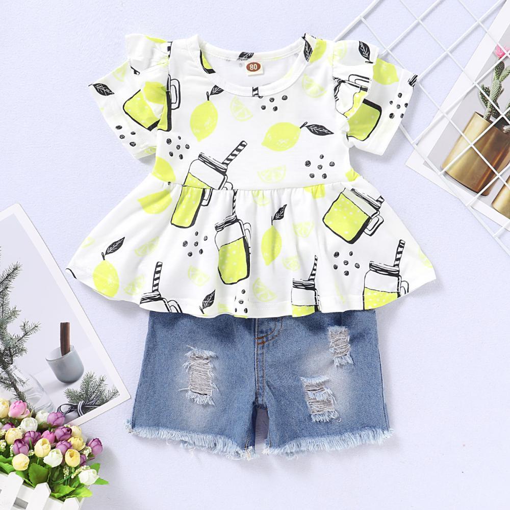 Girls Summer Girls' Printed Short Sleeve Top & Denim Shorts Girls Boutique Clothes Wholesale