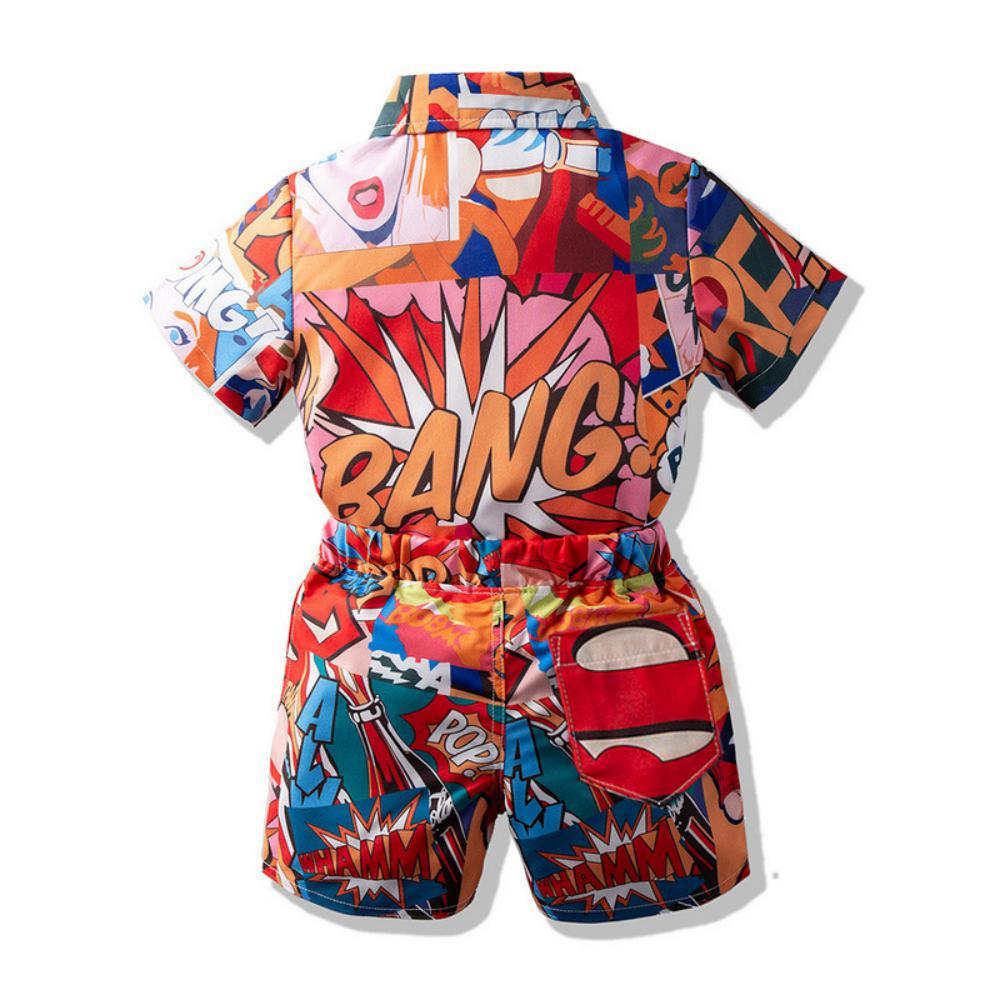 Boys Summer Boys' Cartoon Print Lapel Short Sleeve Shirt & Shorts Boy Wholesale Clothing