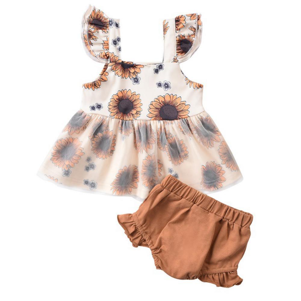 Girls Summer Baby Girl Sunflower Print Dress & Brown Shorts Girl Dresses Wholesale