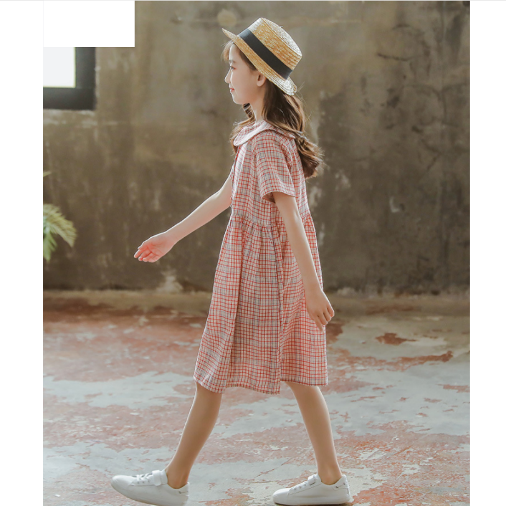Girls' Lapel Short Sleeve Plaid Princess Skirt Wholesale Girl Clothing