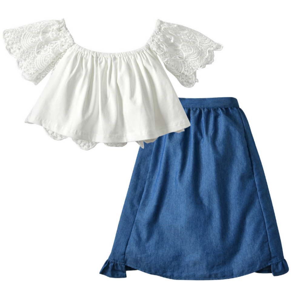 Girls Summer Girls Lace Short Sleeve Top & Denim Skirt & Denim Shorts Three Piece Set Girls Dress Wholesale