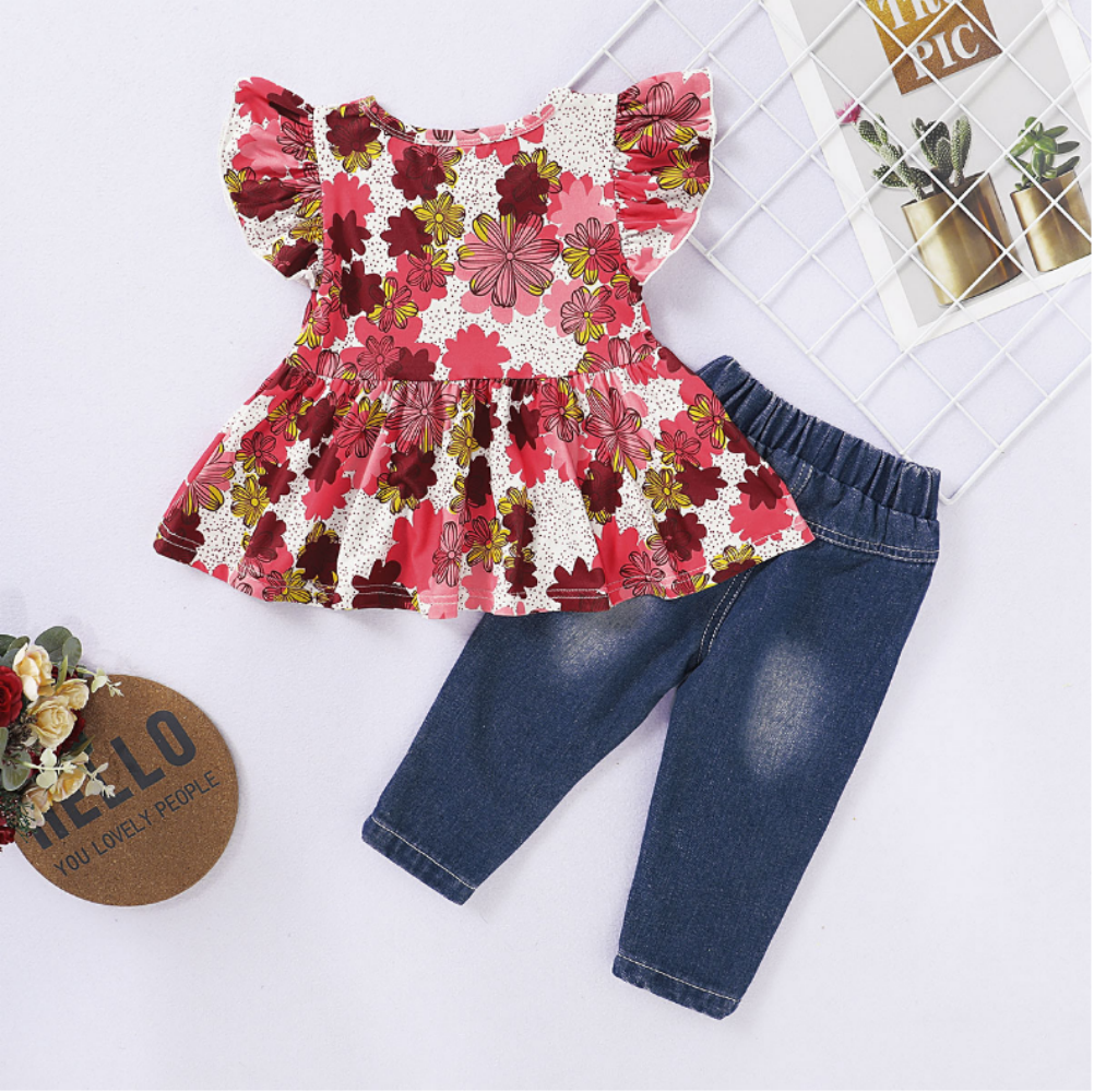 Girls Summer Girls' Flying Sleeve Print Top & Jeans Wholesale Little Girl Boutique Clothing